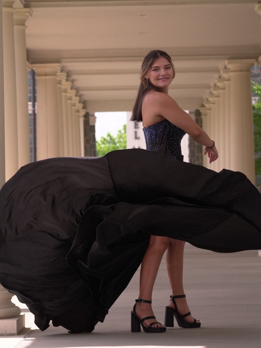 Strapless Black Evening Gown with Beaded Navy Corset - Picture 3 of 4